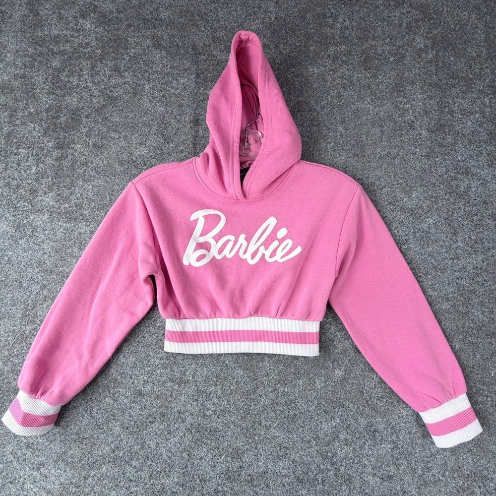Barbie Cropped Hoodie kids 8 Pink White Fleece Lined Spellout Logo Streetwear